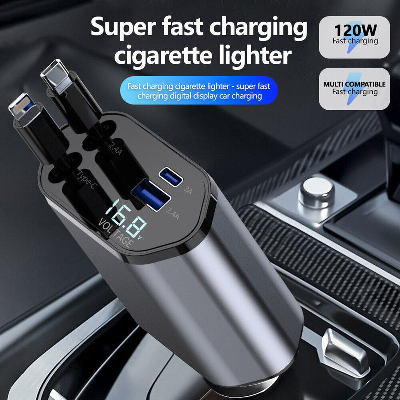 4IN1 Retractable Car Charger 120W USB&Type C Cable For Phone Fast Charge Adapter