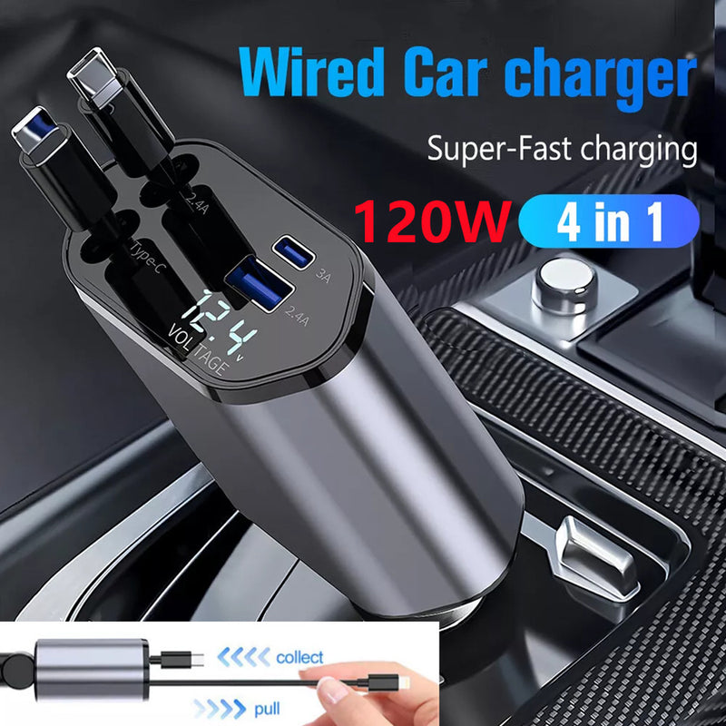 4IN1 Retractable Car Charger 120W USB&Type C Cable For Phone Fast Charge Adapter