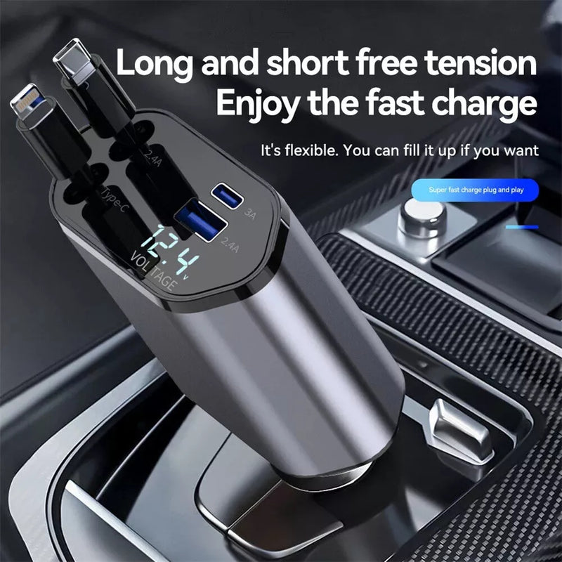 4IN1 Retractable Car Charger 120W USB&Type C Cable For Phone Fast Charge Adapter